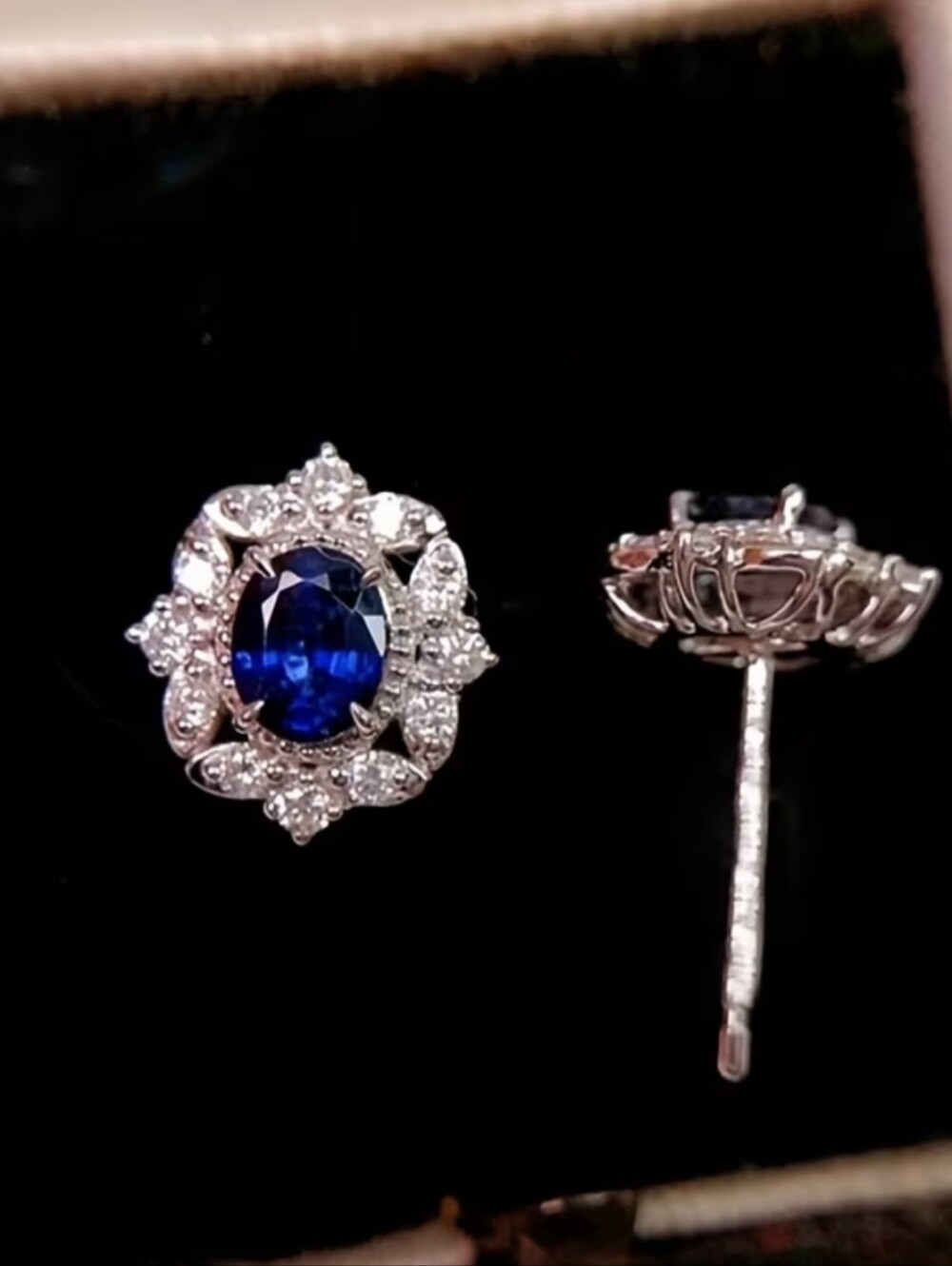 White Rhodium Blue Sapphire Halo Stud Earrings - Picture 3 of 4